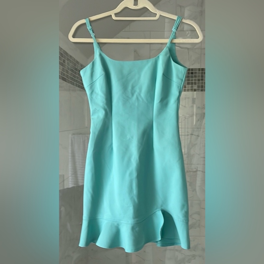 Super Down light teal dress, adjustable straps, zip up back size XS